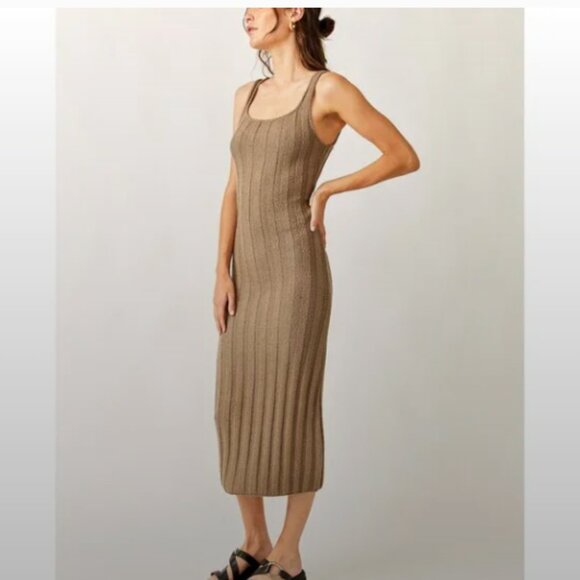 NWT FREE PEOPLE Beach Ribbed Dress Midi / Olive Stone - Picture 1 of 8
